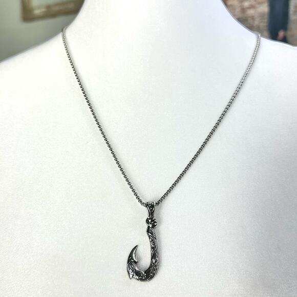 Titanium Steel Fish Hook Pendant Necklace Ocean Adventure Tribal Viking Unisex - Picture 5 of 5
